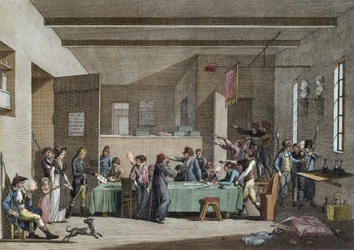1792-93年の革命委員会の内部（カラー彫刻）